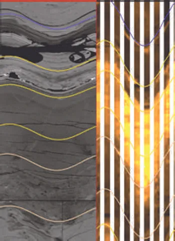 CT on the left compared with borehole imagery on the right, with coloured interpreted traces