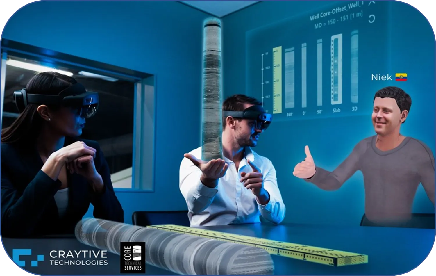 CTS and BaselineZ promotional illustration of an immersive core review, combining headset users, a virtual participant and core imagery