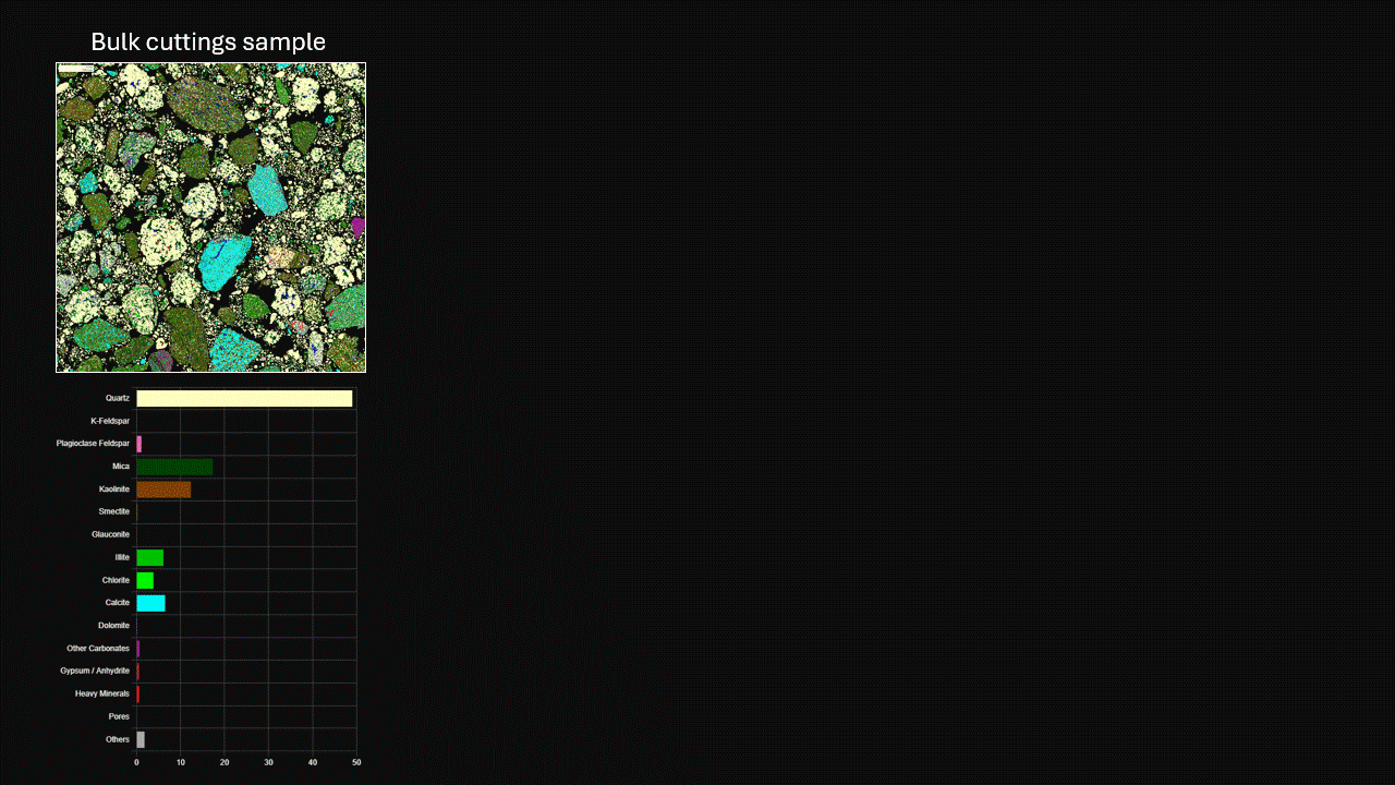 QEMSCAN animation separating bulk cuttings into carbonate, mudstone and sandstone groups with corresponding mineral charts